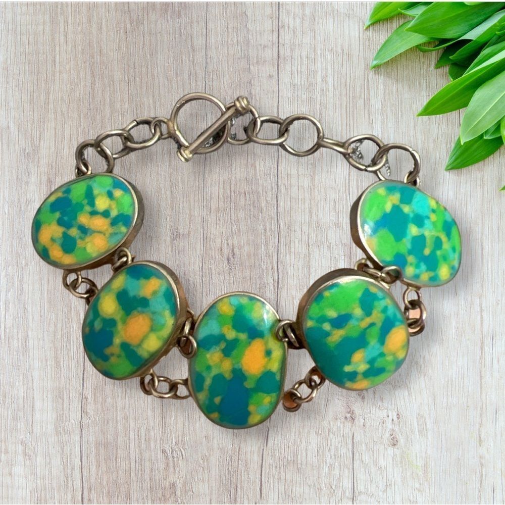 Vintage Mexico Sterling Silver Blue Green Yellow Jasper Link Bracelet 925